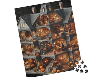 May include: A completed jigsaw puzzle showing a multi-storey house with a cutaway view. The house is decorated for Halloween, with pumpkins and warm lighting. The puzzle is mostly assembled, with a few pieces remaining.
