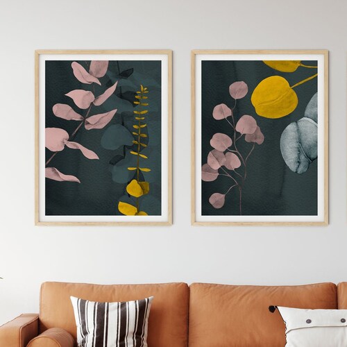 Eucalyptus Abstract Mustard Yellow Pink and Green Wall Art Etsy