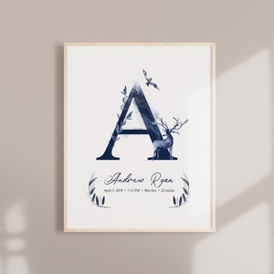Woodlands Baby boy nombre imprimir arte de la pared para regalo personalizado - Decoración de la guardería Woodland - recuerdo del recién nacido - impresión de estadísticas de nacimiento arte del bebé personalizado