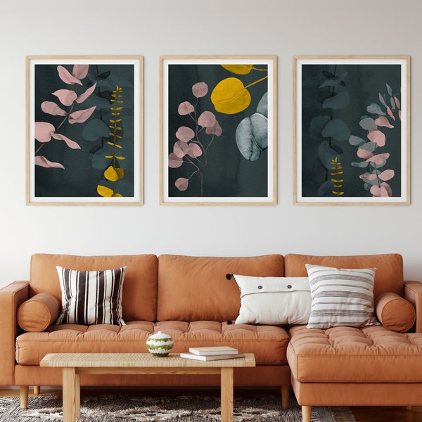 Modern Abstract Botanical Eucalyptus Print Set  - Minimalist Wall Print - Blue Green Mustard yellow Pink Posters