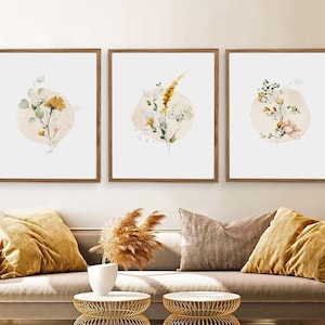 Watercolor Floral Set of Three Wall Art - Neutrals Beige and Yellow Mustard Flowers -  Garden Flower Nursery Wall Art - Minimalist