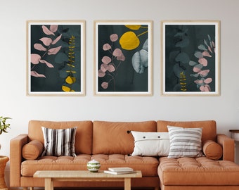 Modern Abstract Botanical Eucalyptus Print Set  - Minimalist Wall Print - Blue Green Mustard yellow Pink Posters