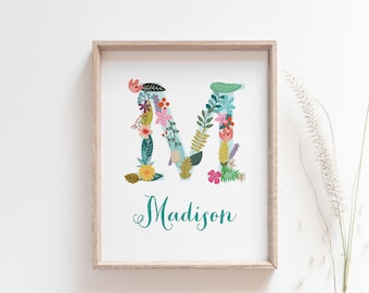 Personalized Baby Name Wall Art with flowers, personalized baby gifts, Custom baby name Initial Wall print, Floral nursery decor, Baby girl