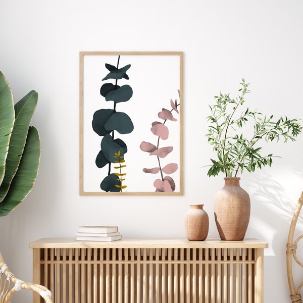 Eucalyptus Print Wall Print - Minimalist Abstract Art - Leaves Art Print - Green, mustard yellow Pink