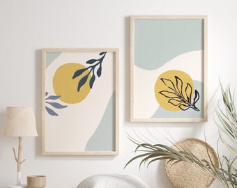 Light blue and Yellow Modern Abstract Wall Print with Shapes and Paint Brushed Leaf - Set of Two