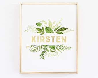 Greenery Nursery Baby Name Wall Art - Green Nursery Decor - Plant Leaf Print - Customized Baby Gift Wall Print - Green and Gold