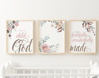 Religious baby girl nursery prints I am a Child of God Wall Print Floral Art - Fearfully and wonderfully made, christian nursery wall art