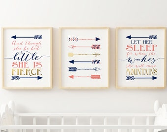 Though she be little she fierce, Let her sleep wakes moves mountains - Arrows Nursery Wall art in coral and navy, Shakespeare quote