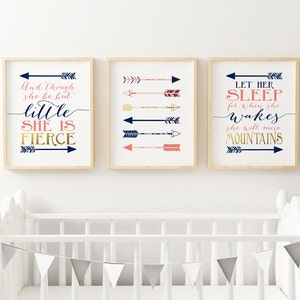 Though she be little she fierce, Let her sleep wakes moves mountains - Arrows Nursery Wall art in coral and navy, Shakespeare quote