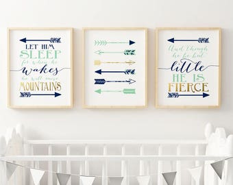 Boys Nursery Wall Prints, Navy Mint and Gold Wall art, Though he be little he fierce, Let him sleeps, Arrows Wall Art