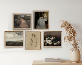 Printed Vintage Gallery Wall Art - Set of five 8x10 curated vintage wall prints - landscape portrait sketch - PRINTED AND MAILED