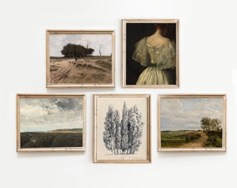 Vintage Gallery Wall Art - Set of five 8x10 curated vintage wall prints - landscape portrait sketch - PRINTED AND MAILED