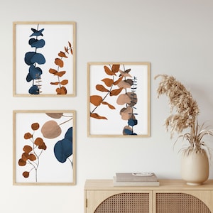 Eucalyptus Print - Wall Art Print - Set of 3 - Terracotta Wall Art - Caramel Brown Blue - Wall Prints Boho