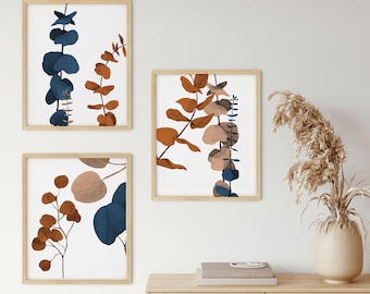Eucalyptus Print - Wall Art Print - Set of 3 - Terracotta Wall Art - Caramel Brown Blue - Wall Prints Boho
