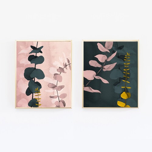 Eucalyptus Abstract Mustard Yellow Pink and Green Wall Art Etsy