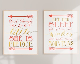 And though she be but little she is fierce, Let her sleep, Shakespeare Quotes, Coral and Gold, Nursery Decor wall Prints, wallandwonder