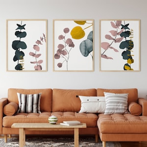 Eucalyptus abstract mustard yellow pink and green wall art botanical wall prints Set of three prints plant minimalist wall art image 3