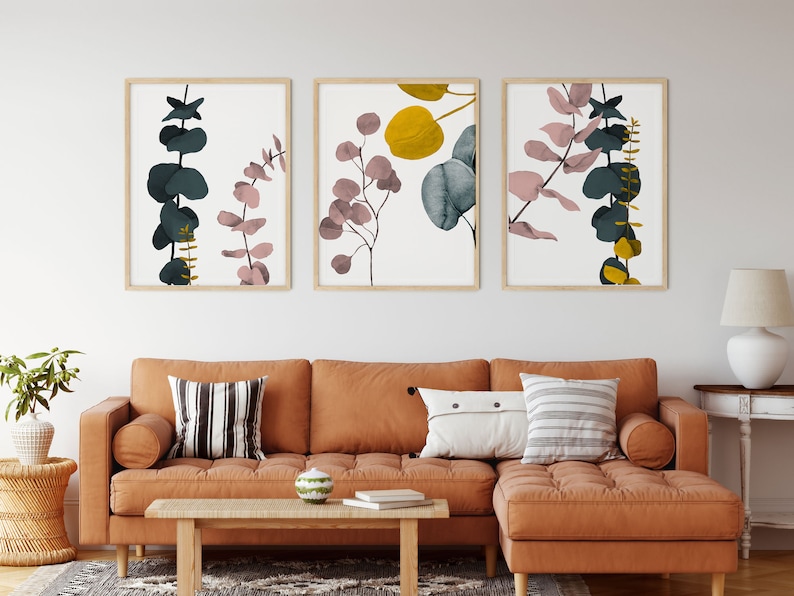 Eucalyptus abstract mustard yellow pink and green wall art botanical wall prints Set of three prints plant minimalist wall art image 3