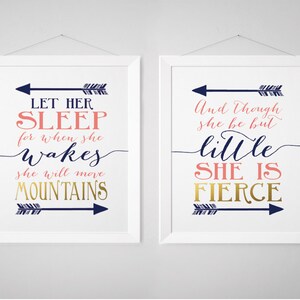 And though she be but little, Let her sleep, shakespeare Prints, Baby girl Nursery Wall Art, Coral Navy kids bedroom decor, wallandwonder image 2