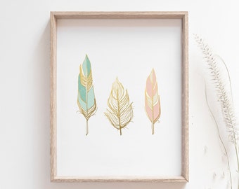 Feathers wall art print -  Faux Gold Foil Print - Blush Pink Mint and Gold - Scandinavian modern - Nursery art
