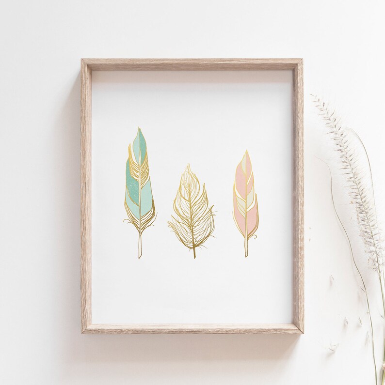 Feathers Wall Art Print Faux Gold Foil Print Blush Pink Etsy