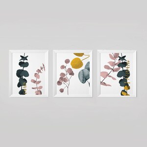 Eucalyptus abstract mustard yellow pink and green wall art botanical wall prints Set of three prints plant minimalist wall art image 8