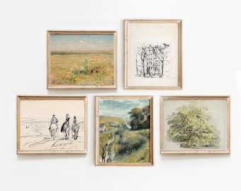 Landscape Vintage and Sketches Gallery Wall Art - Set of five 8x10 curated vintage wall prints - landscape portrait - PRINTED AND MAILED