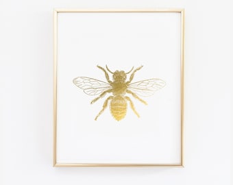 Bumble Bee Wall Art Print  - Faux Gold Foil Wall Art - Bee Print Poster - Nursery Print - Printed Gold foil