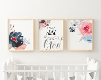 Floral Nursery aesthetic - I am a child of God Wall Print - Watercolor Flower Wall art Navy and Coral - Baby Girl Wall Art - Christian Art