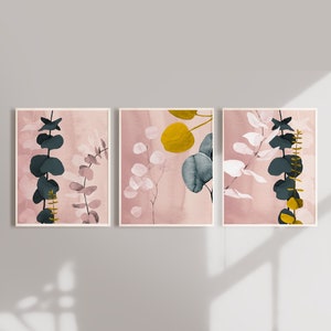 Pink Modern Abstract Art - Botanical Eucalyptus Print Set  - Pink, Mustard Yellow, Dark Teal Green Artwork Posters - Modern Colors