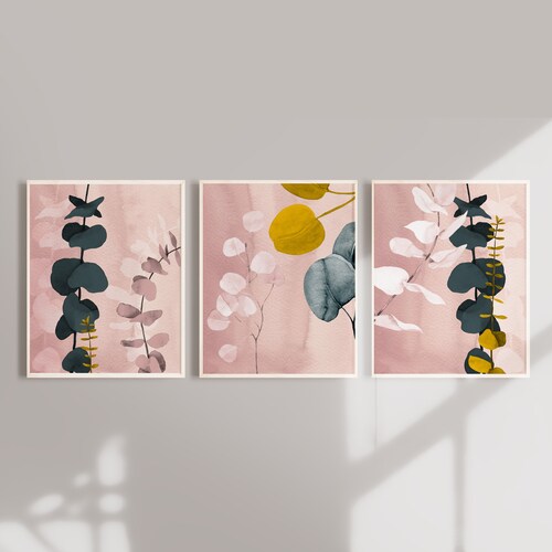 Eucalyptus Abstract Mustard Yellow Pink and Green Wall Art Etsy