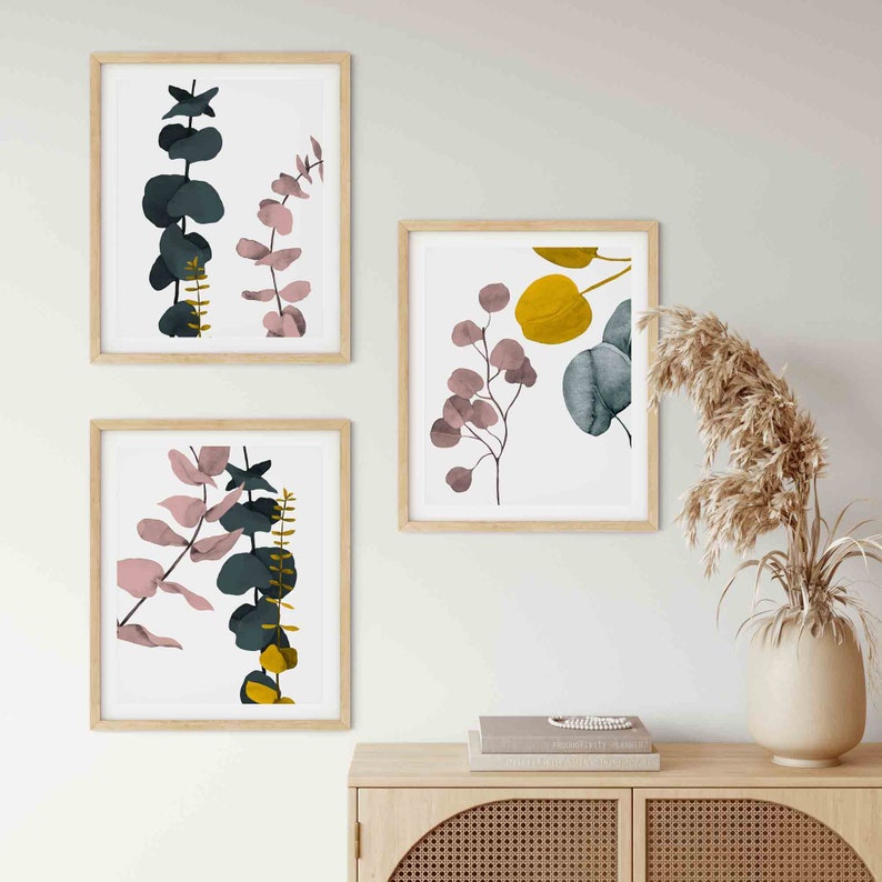 Eucalyptus abstract mustard yellow pink and green wall art botanical wall prints Set of three prints plant minimalist wall art image 4