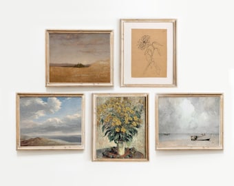 Printed Vintage Gallery Wall Art - Set of five 8x10 curated vintage wall prints - landscape portrait sketch - PRINTED AND MAILED