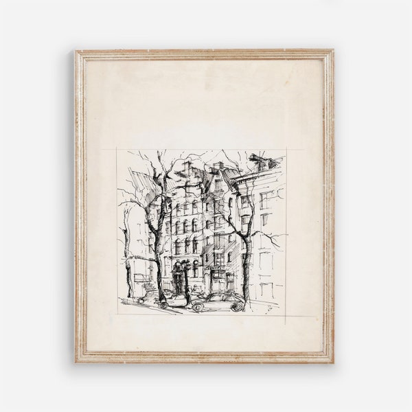 City Sketch Vintage Wall Art - Charcoal Pencil Drawing - Vintage Art Print - PRINTED AND SHIPPED