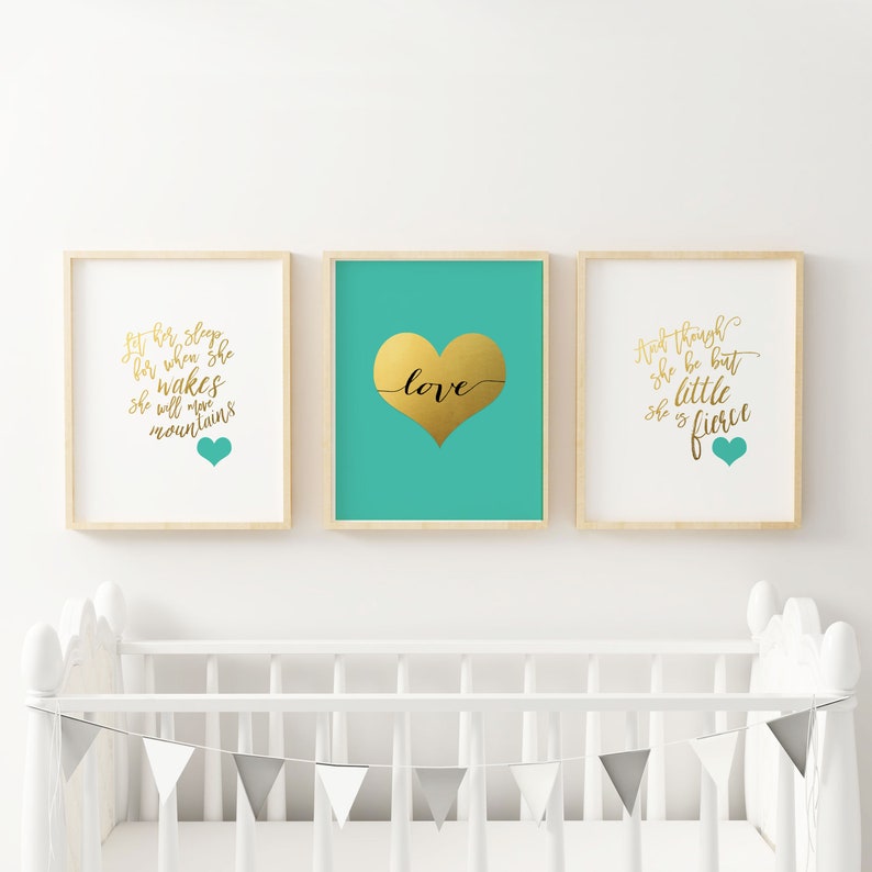 Teal And Gold Wall Art Large Nursery Print For Girls Bedroom Though She Be Let Her Sleep Decor Pictures