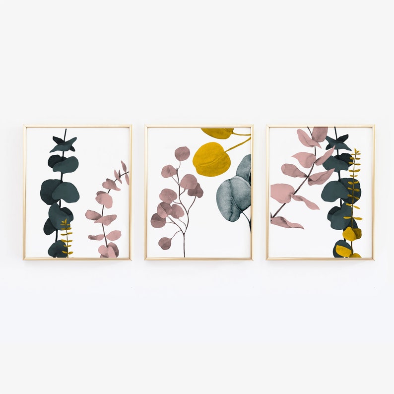 Eucalyptus abstract mustard yellow pink and green wall art botanical wall prints Set of three prints plant minimalist wall art image 6