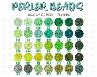 May include: A chart of 2.6mm green Perler beads, organized by color. The chart includes 32 different shades of green, labeled with letter and number combinations.