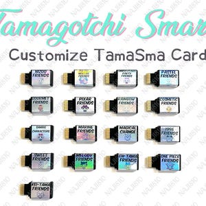 Könnte beinhalten: Eine Auswahl an Tamagotchi Smart Customize TamaSma Karten. Jede Karte zeigt ein anderes Design, mit Texten wie "Nizoo Friends", "Pixar Friends" und "Sweet Friends". Die Karten haben eine schwarze Basis mit einem goldenen Anschluss.