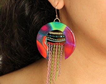 Rainbow Earrings, Polymer Clay Circle Drop Earrings, Statement Earrings, Colorful jewelry