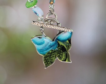 Butterfly Necklace, Silver Blue and green Pendant and Beaded Necklace, Gift for Women and Girls, Art Jewelry, One of a Kind, Israel Jewelry