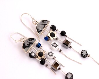 Black & White Earrings, Silver Semicircle Earrings, Handmade beads, Swarovski Stones, Gift for Women, Gift for Her, Gift for Birthday