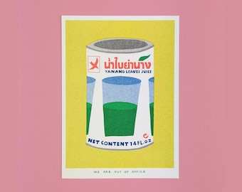 A risograph print of a Thai can of yanang leaves juice