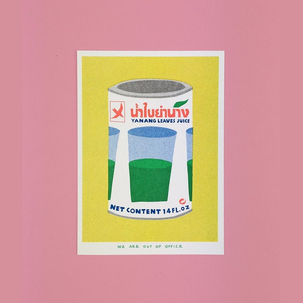A risograph print of a Thai can of yanang leaves juice