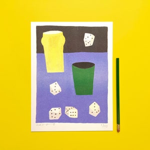 A limited edition risograph print of a gouache painting of a game of Yahtzee (21X28 cm)