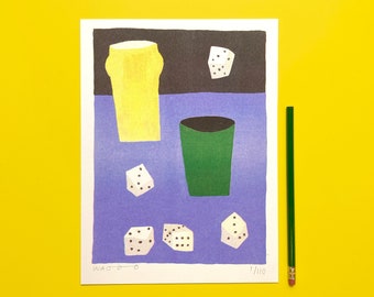 A risograph print of a gouache painting of a game of Yahtzee.