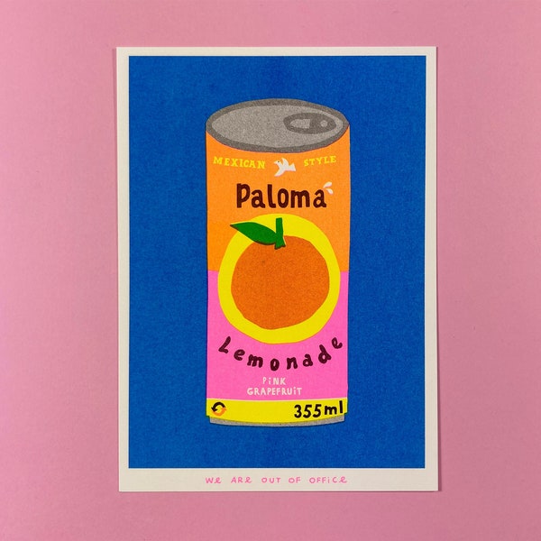 A riso graph print of can of Paloma Lemonade