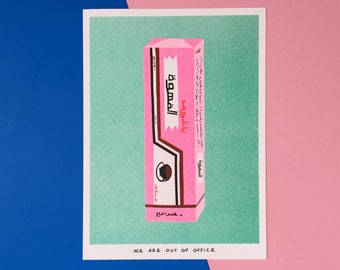 A risograph print of a package of batook coffee gum