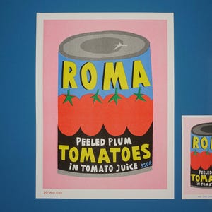 A 30x40 cm risograph print of a can Roma plum tomatoes