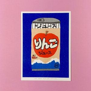 A risograph print of a small can of Japanese apple juice