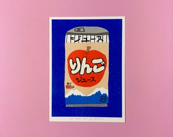 A risograph print of a small can of Japanese apple juice